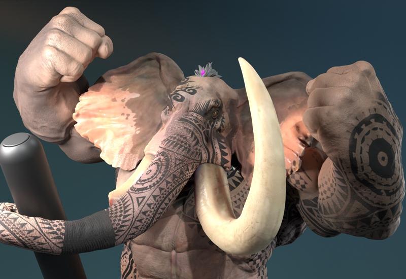 Muscular anthropomorphic elephant with tribal tattoos, large tusks, and a floral headpiece, posed heroically.