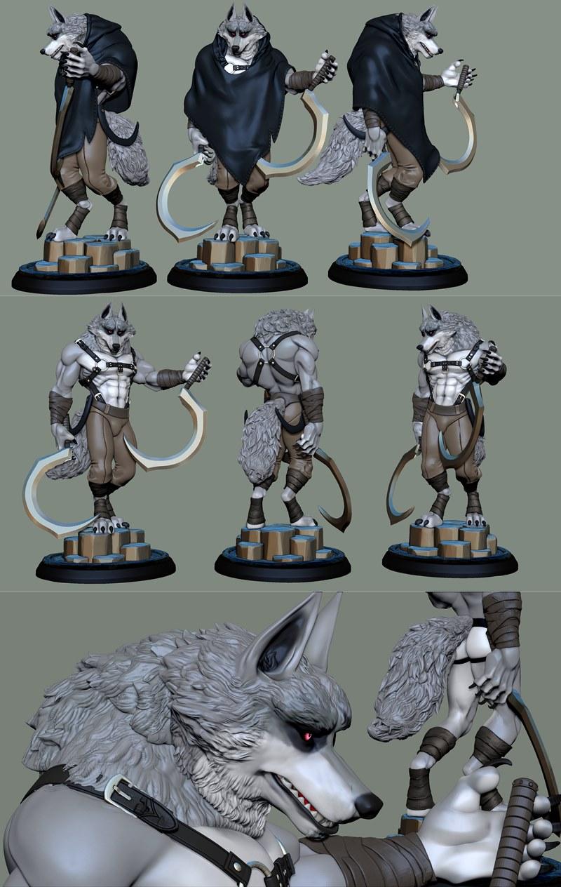 3D model of Death as a wolf from Puss in Boots, shown in multiple poses with scythes and a cloak.