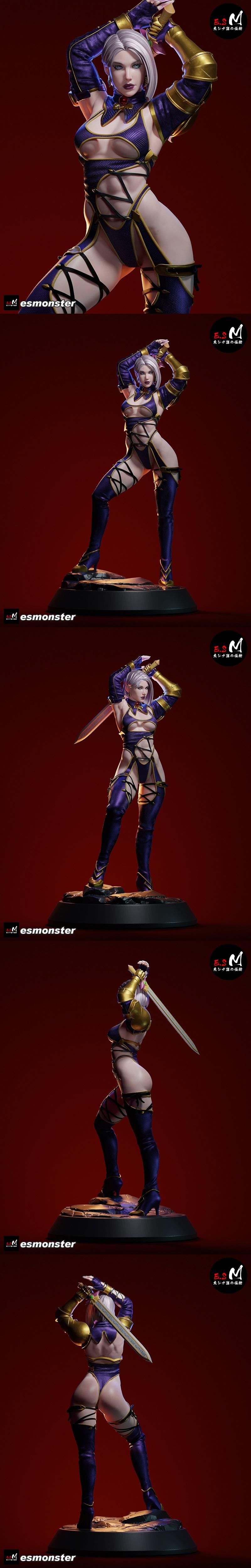Ivy Valentine 3D model figure by E.S Monster, wearing a revealing purple and gold outfit, holding a sword in a combat...