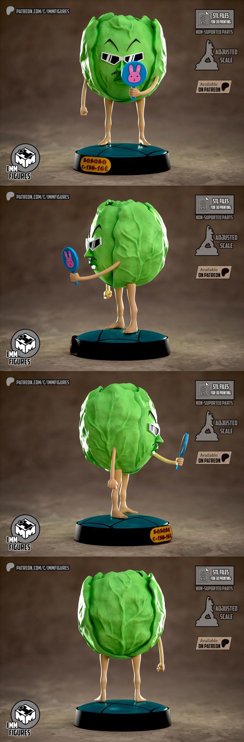 Bobobo Cabbage 3D model figure, a green lettuce head with sunglasses and stick limbs, holding a pink bunny mirror, on...