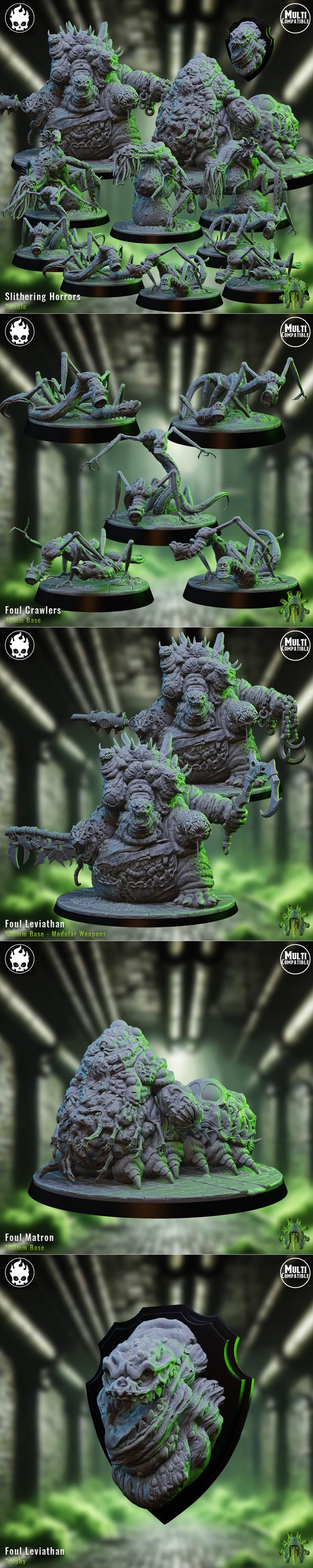 3D print models of grotesque, multi-limbed monsters with glowing green accents. Includes the Foul Leviathan, Foul Mat...