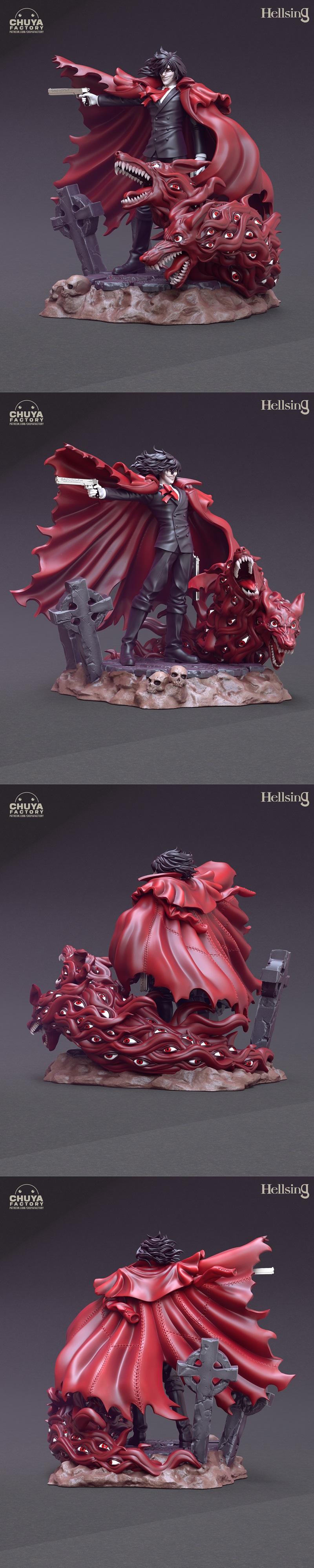 Alucard from Hellsing anime, holding a pistol, with a flowing red coat and demonic, multi-eyed hounds on a gothic bas...