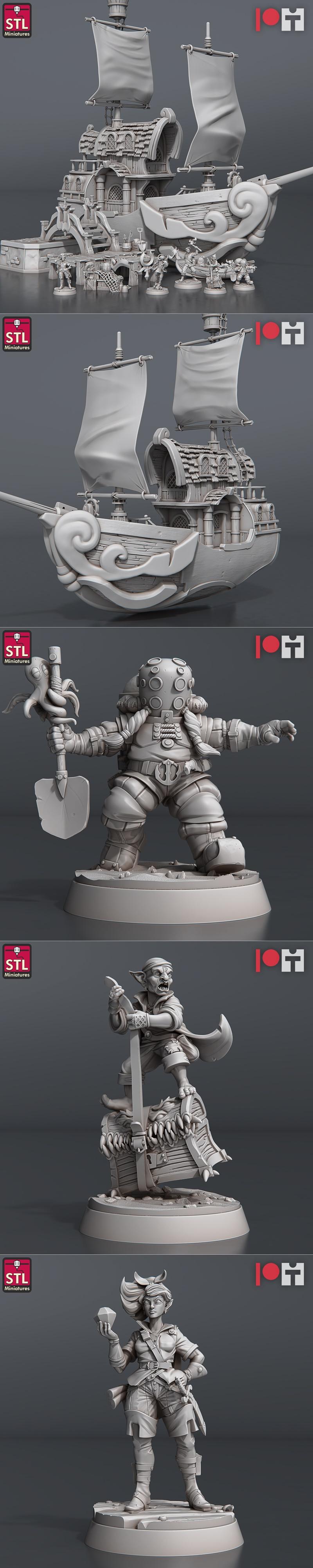 3D printable miniatures: a pirate ship, a dwarf with a shovel, a goblin with a treasure chest, and a female adventure...