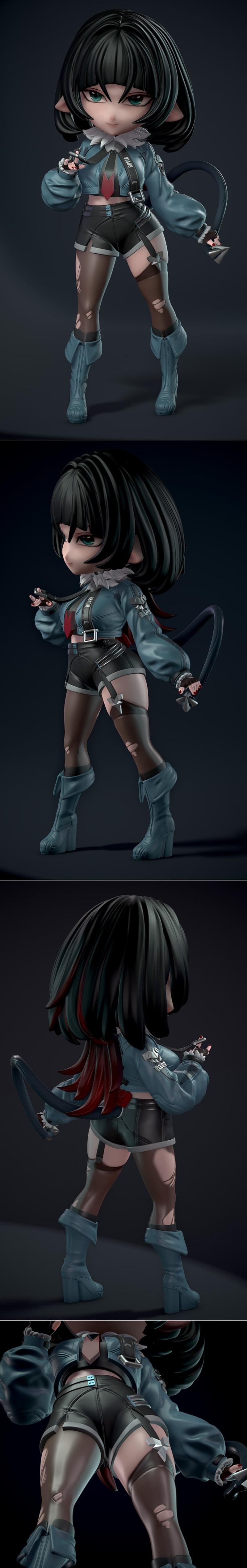 Chibi Jane Doe 3D model by Sylviana sculpt, wearing a blue jacket, black shorts, and ripped stockings, with cat ears...
