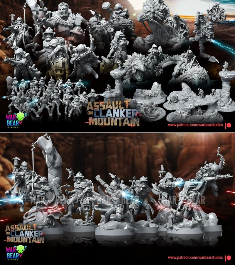 Collection of sci-fi 3D printable miniatures from War Bear Studios, featuring soldiers and alien creatures with &quot...
