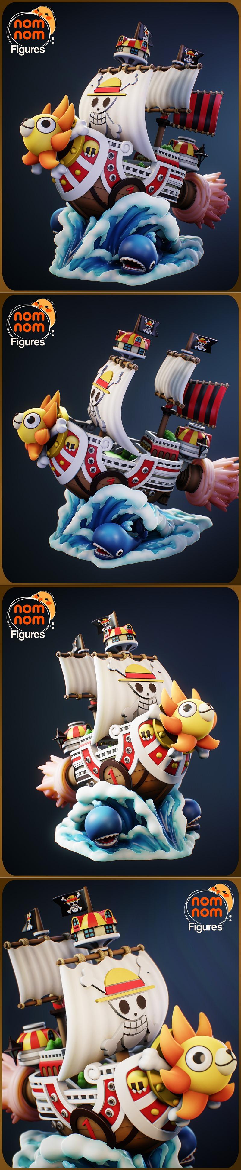 Chibi Thousand Sunny ship from One Piece, 3D model by Nomnom Figures, sailing on blue waves with stylized whales.