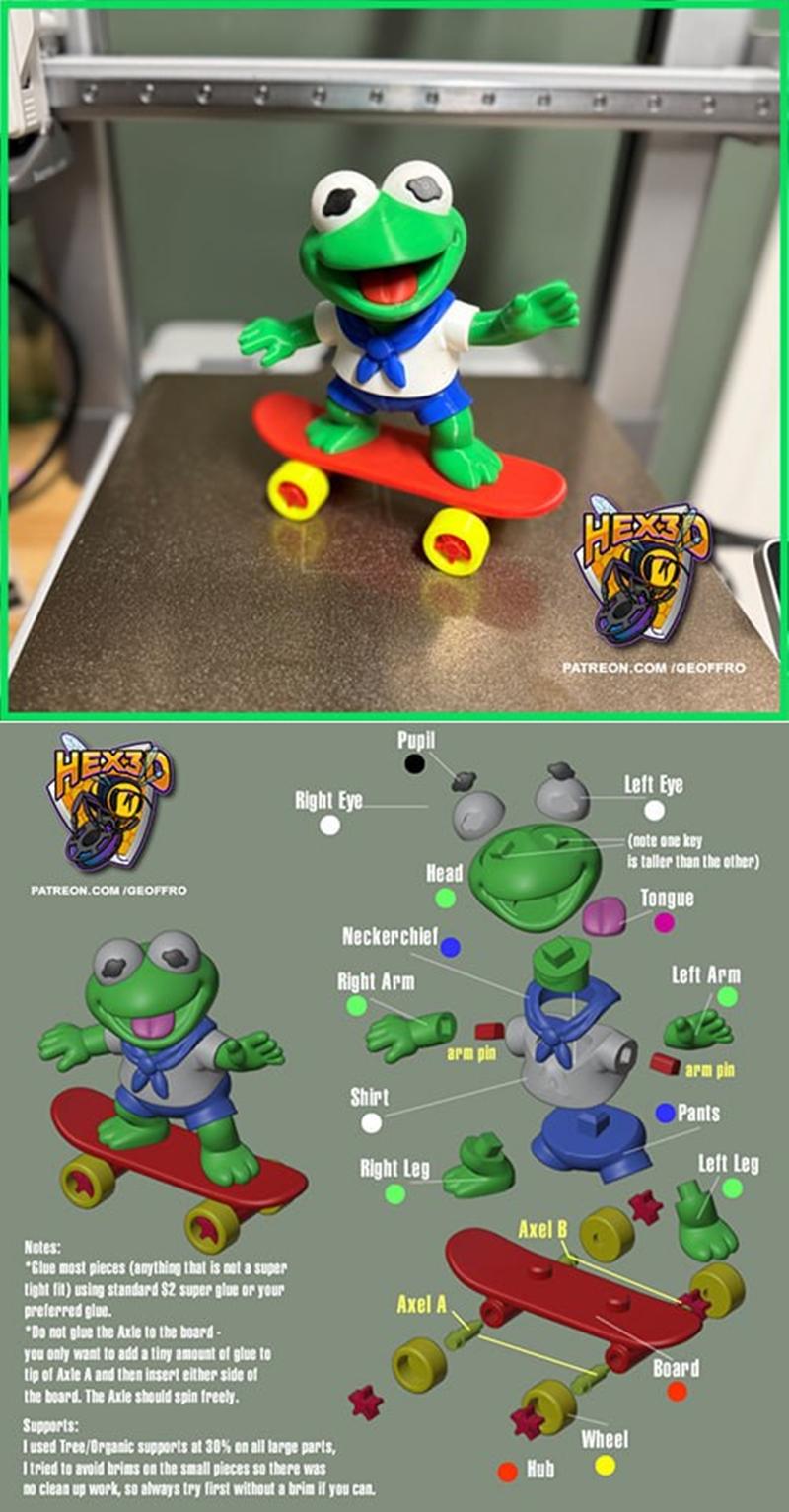 3D printed MupBab Kermit figure with a blue bandana, white shirt, and blue shorts, standing on a red skateboard with...