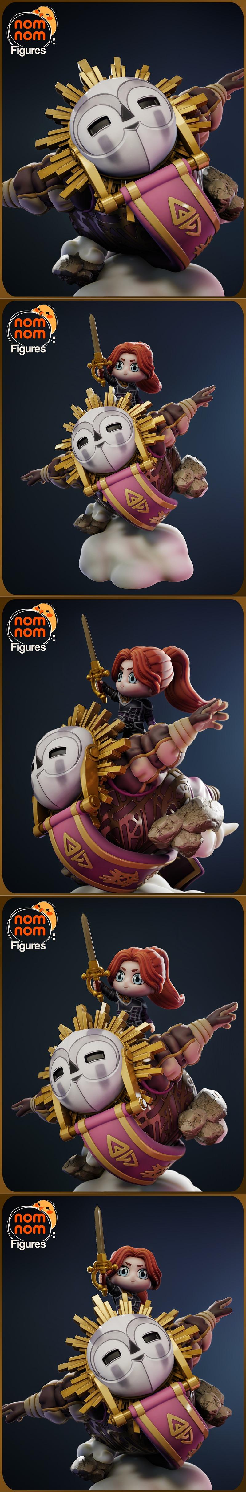 Chibi Clair Obscur character with red hair and sword, riding a large, stylized mask with golden sunburst rays and a p...