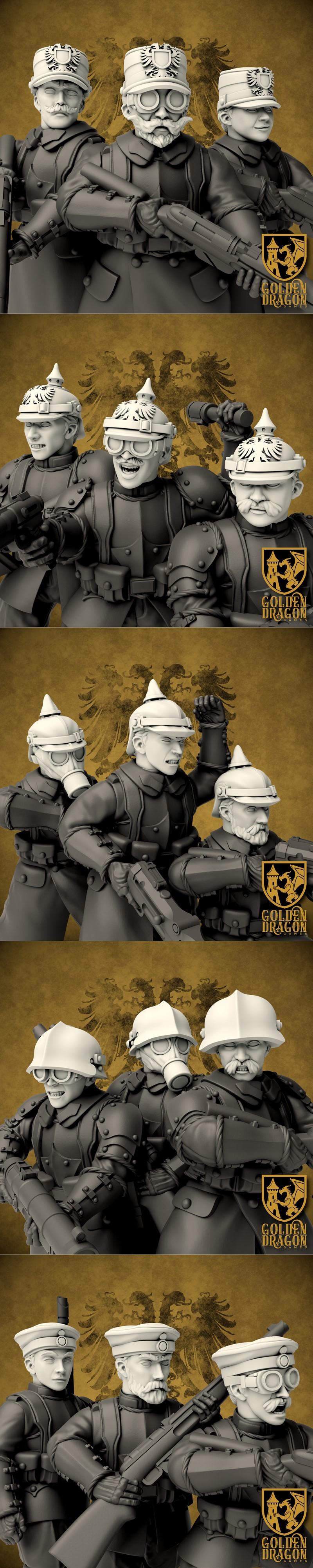 Group of three Brandenburger Sturmtruppen figures in military uniforms, one wearing a gas mask, holding rifles. Golde...
