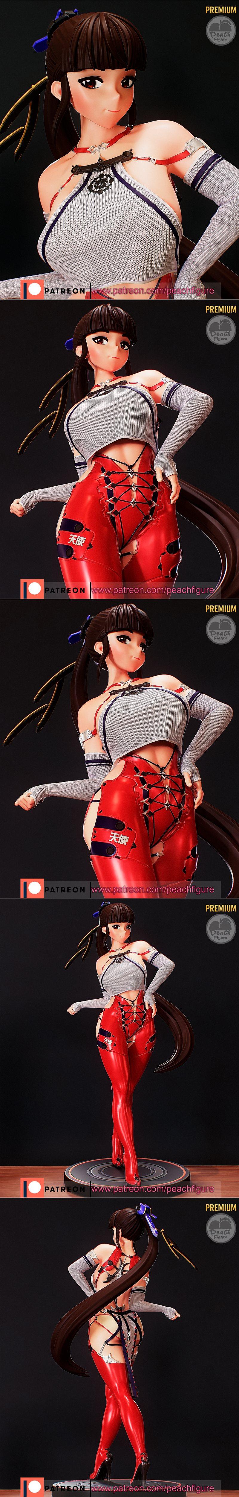 3D model figure of Eve from Stellar Blade, wearing a white halter top and revealing red outfit with stockings and hig...