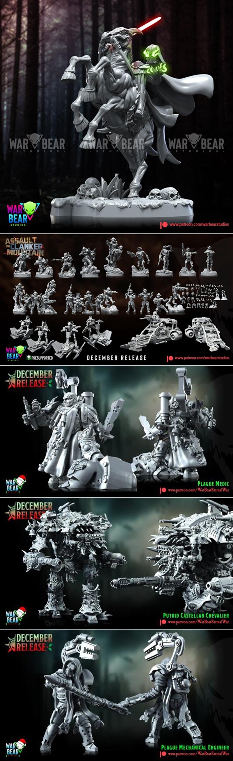 3D printable miniatures from War Bear Studios: a knight on a monstrous horse with a red saber, plague-themed soldiers...