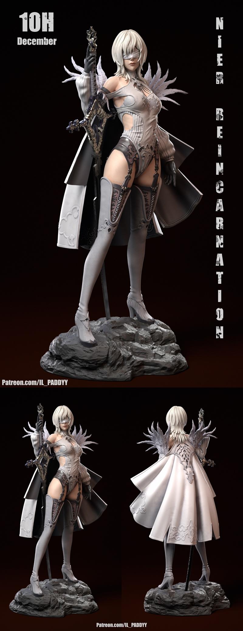 3D model of Nier's 2B character, wearing a white outfit with blindfold, thigh-highs, and heels, holding a sword on a...