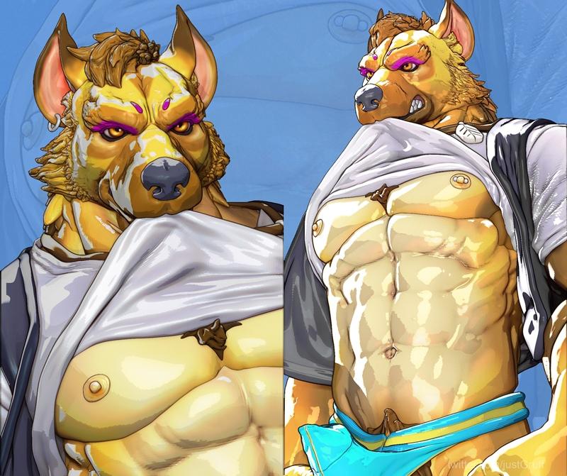 Muscular anthropomorphic hyena character 'Kyle' by JustGruff, wearing a lifted t-shirt and briefs, revealing defined...