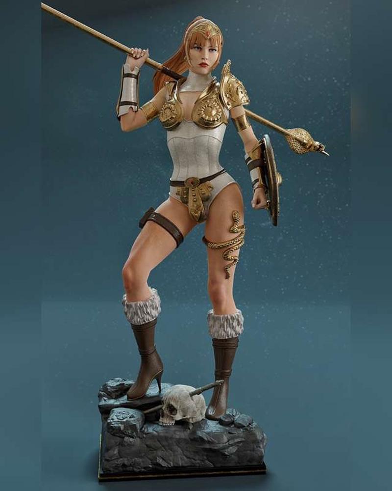 Teela, a female warrior from Masters of the Universe, stands heroically with a spear and shield. She wears white atti...