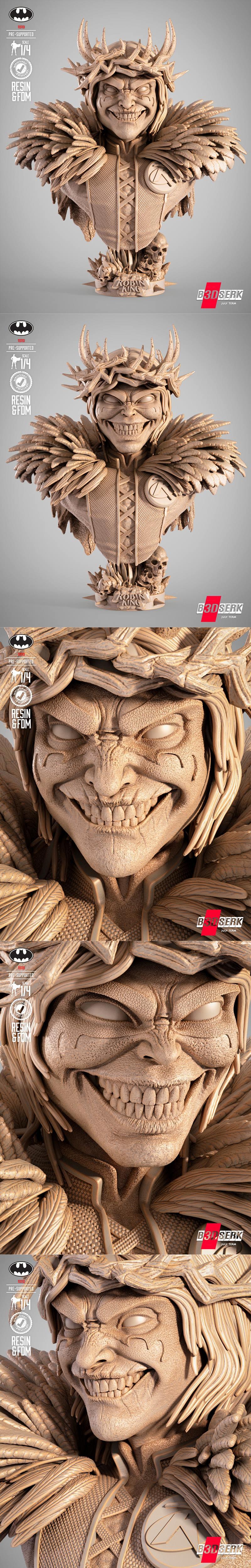 3D printable bust of Robin King, a DC Comics character, with a wide, toothy grin, thorny crown, and detailed armor. S...