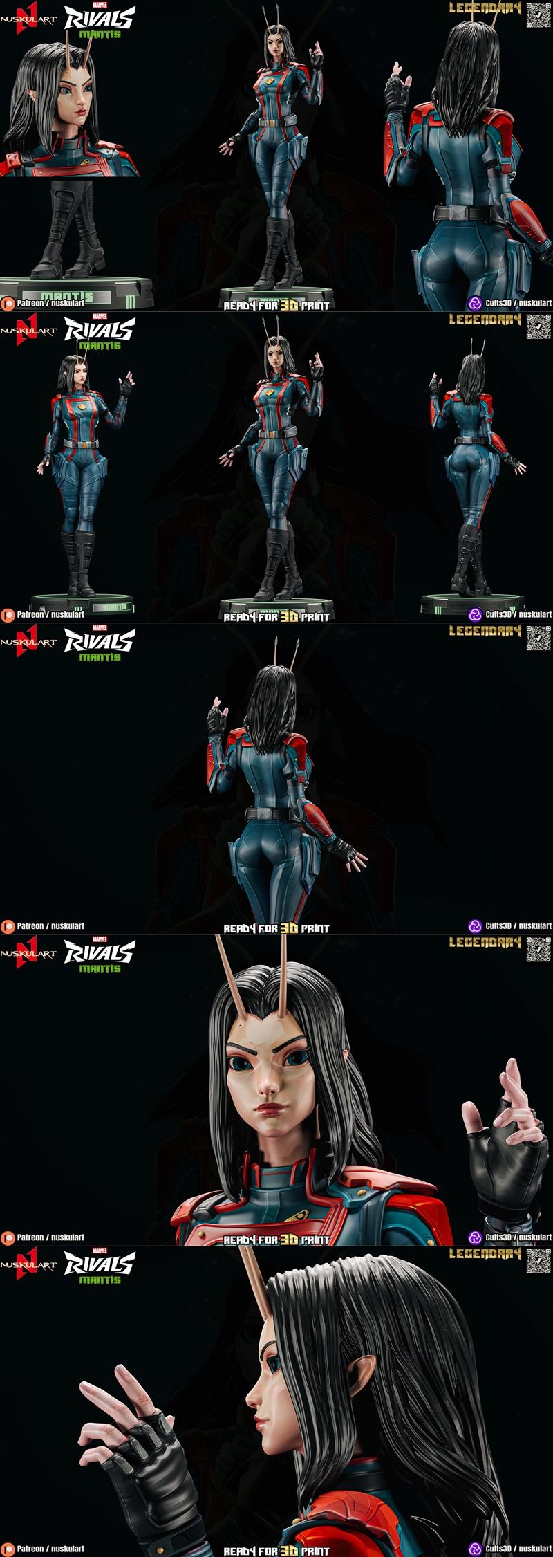 Nuskul Art 3D model of Mantis from Marvel Rivals, wearing a blue and red sci-fi suit with antennae, standing on a base.