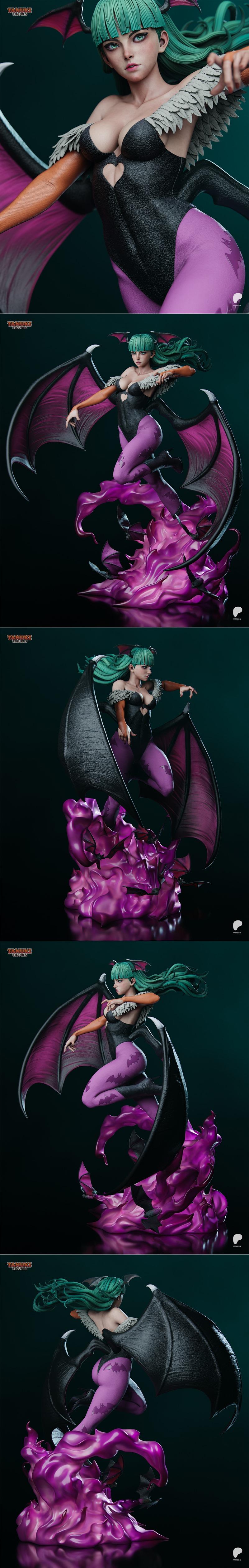 Morrigan Aensland 3D model figure with green hair, black outfit, large bat wings, and purple flame base, posed dynami...