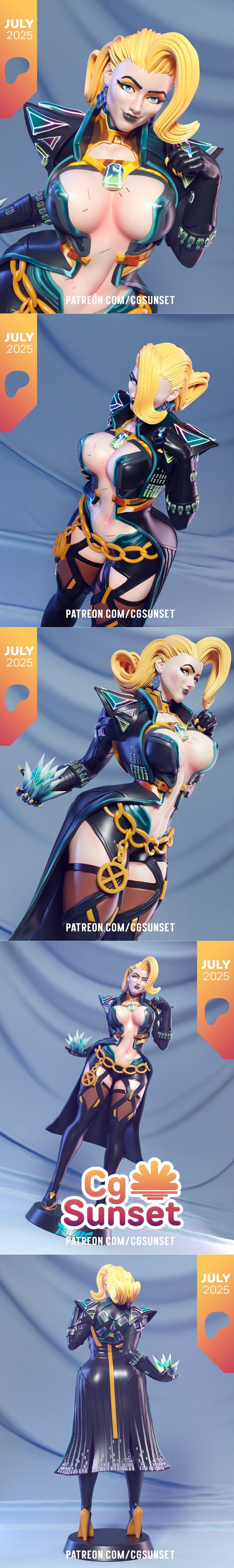 3D model of Emma Frost in a revealing cyberpunk outfit with blonde hair, blue and gold armor, and psionic crystal acc...
