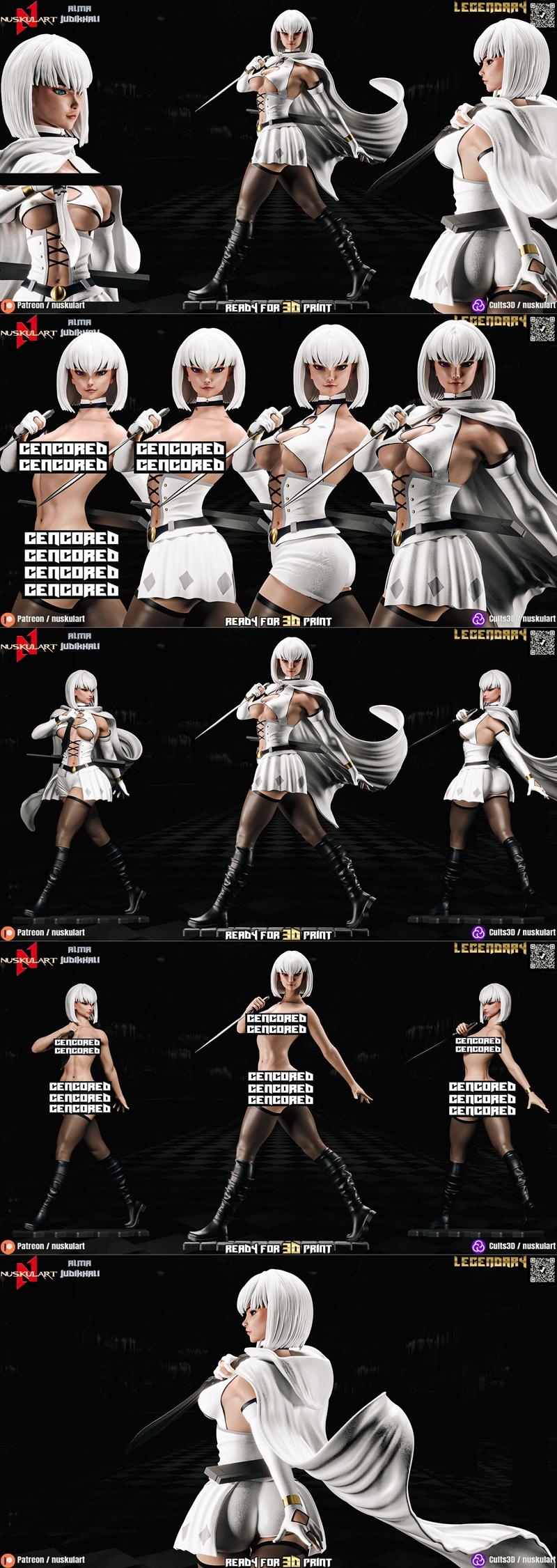 3D model of Alma Judikhali, an anime-style female character with white hair, wearing a revealing white outfit, black...