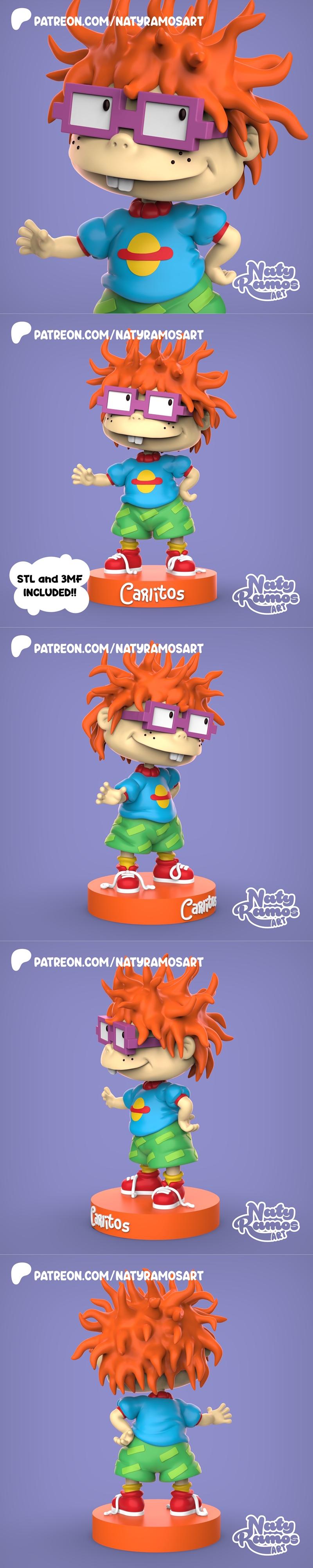 3D model of Carlitos from Rugrats, featuring spiky orange hair, purple glasses, blue shirt, and green shorts, standin...