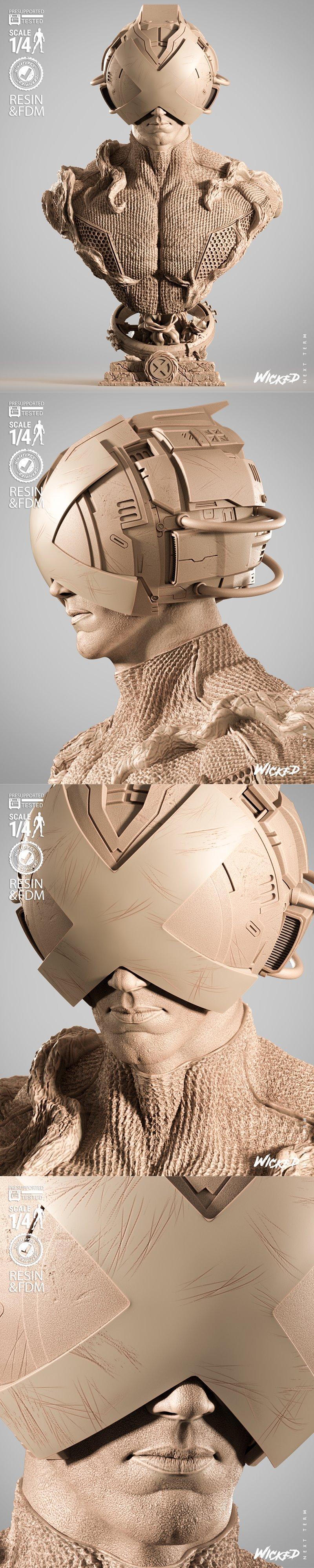 3D printable bust of Professor X by WICKED, featuring a detailed cybernetic helmet and textured clothing, scale 1/4.