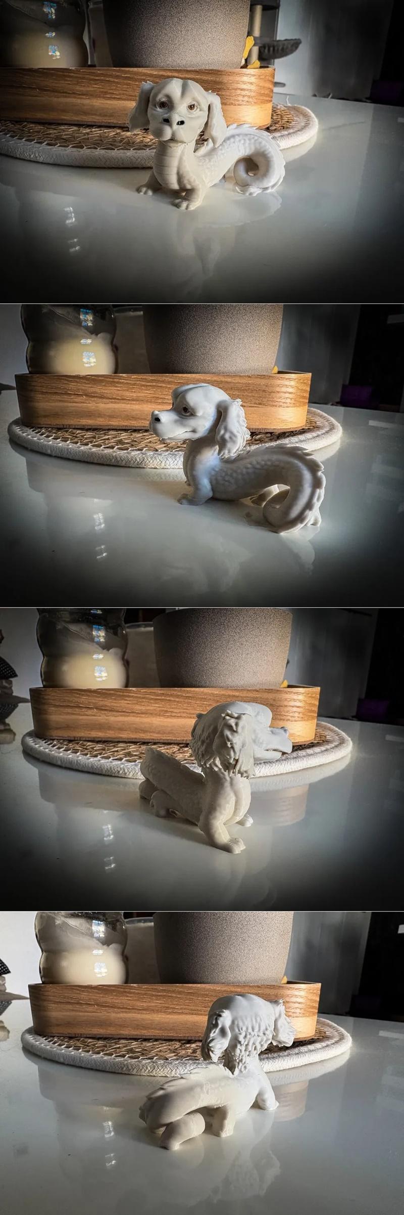 3D printed Dragodog figure with dog-like head, floppy ears, and a long, scaled, serpentine body with a curled tail, r...