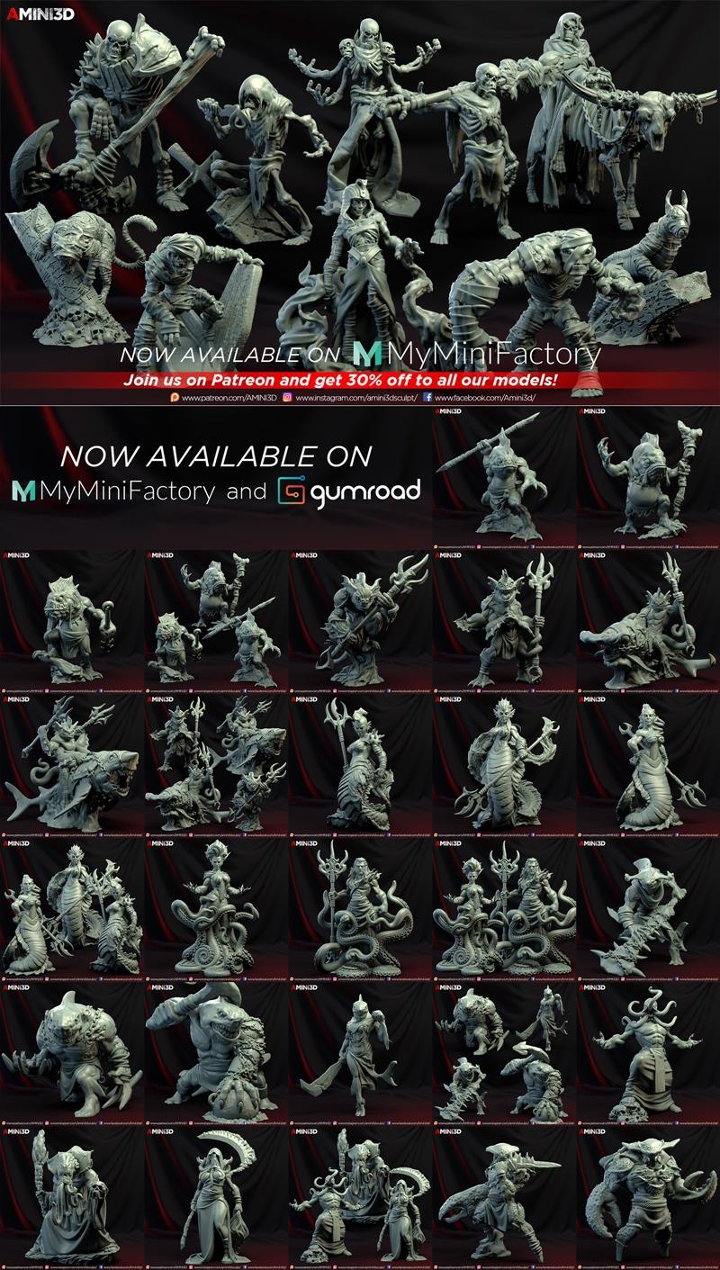 A collage of 3D printable models from Amini3D, featuring various undead, mummy, and sea monster figures in dynamic po...