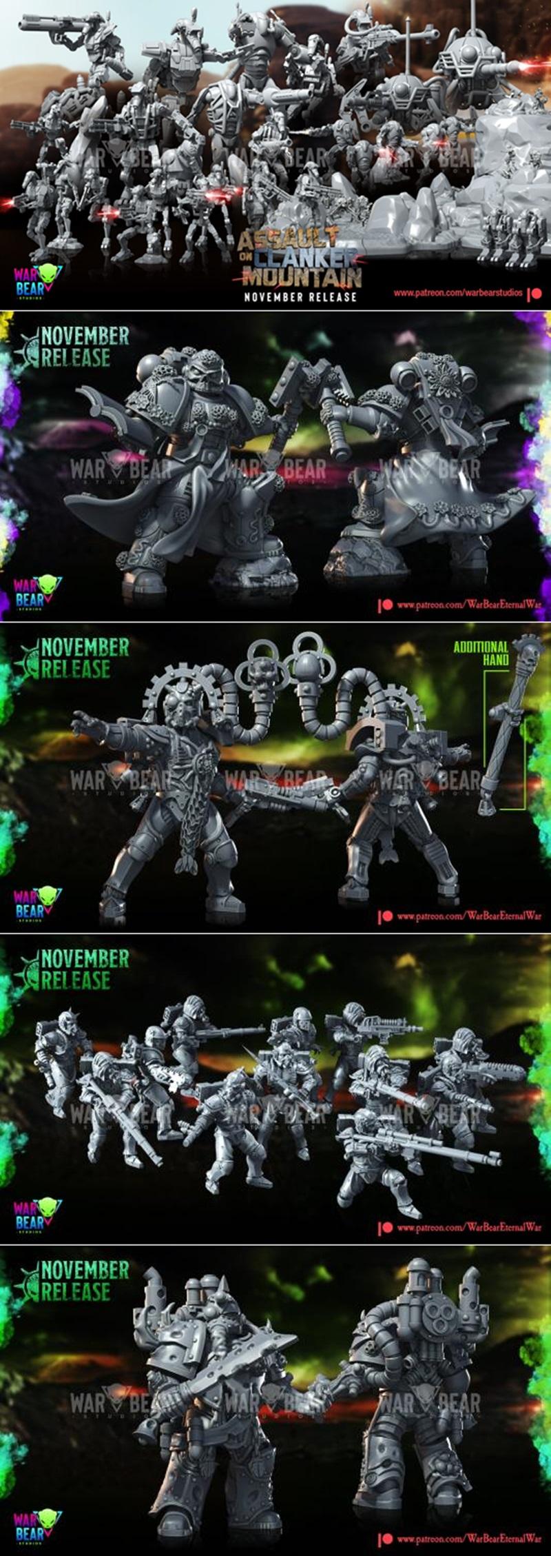 Collection of sci-fi 3D printable miniatures from War Bear Studios, including soldiers, mechs, and squads with weapons.