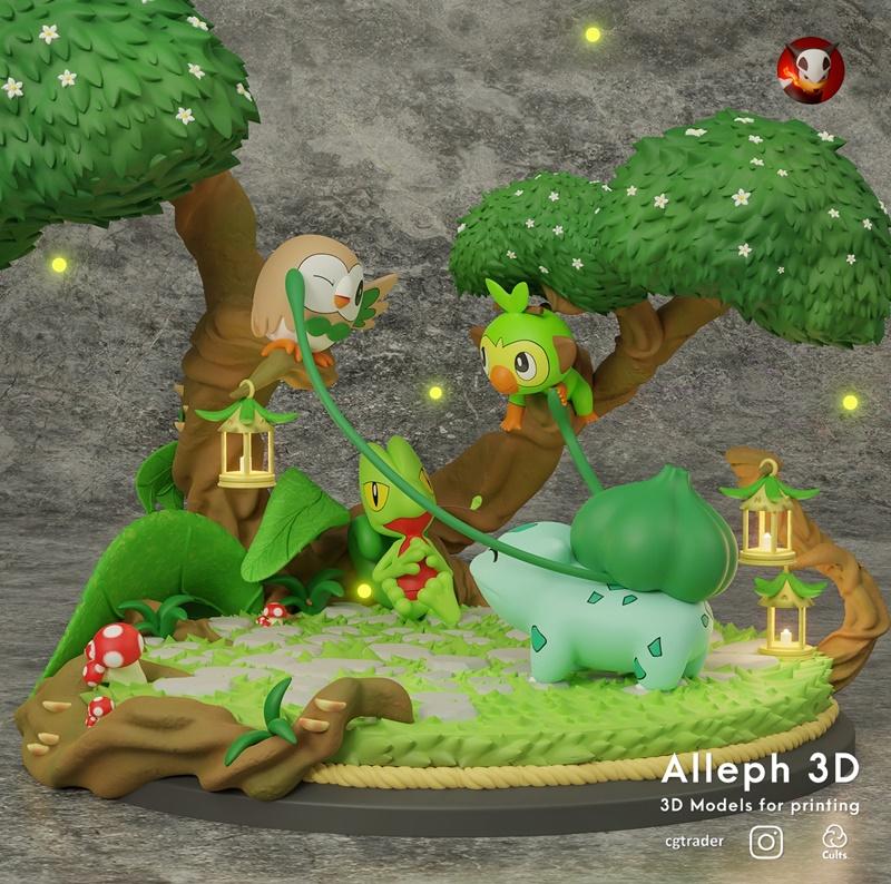 3D printable diorama featuring Pokemon Bulbasaur, Treecko, Rowlet, and Grookey in a forest setting with trees, lanter...