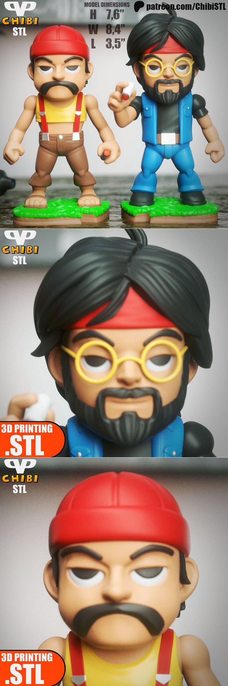 Chibi 3D models of Cheech Marin and Tommy Chong, each on a grass base. Cheech wears overalls and a red beanie; Chong...