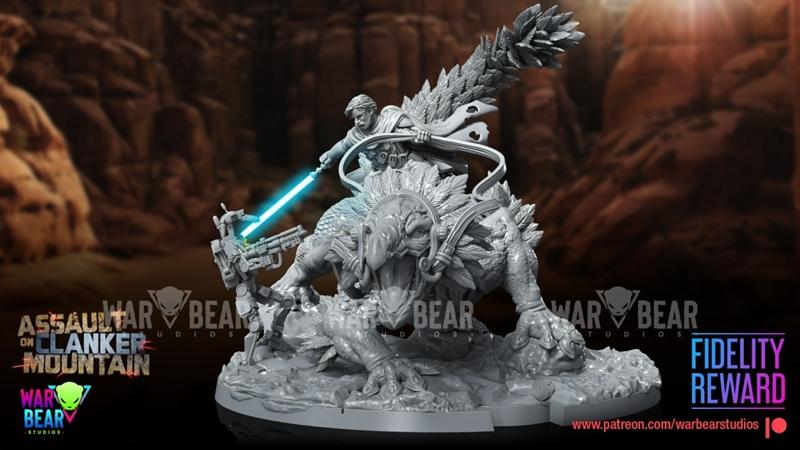 Sci-fi figure of a person with a blue lightsaber and blaster riding a roaring, feathered alien creature. War Bear Stu...