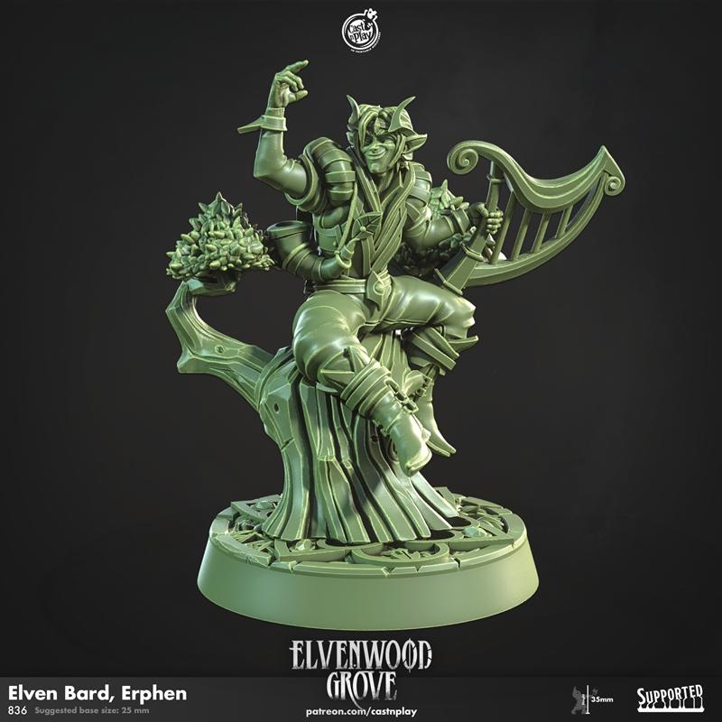 Elven Bard, Erphen 3D model by Cast n Play, seated on a tree branch playing a harp, fantasy style.