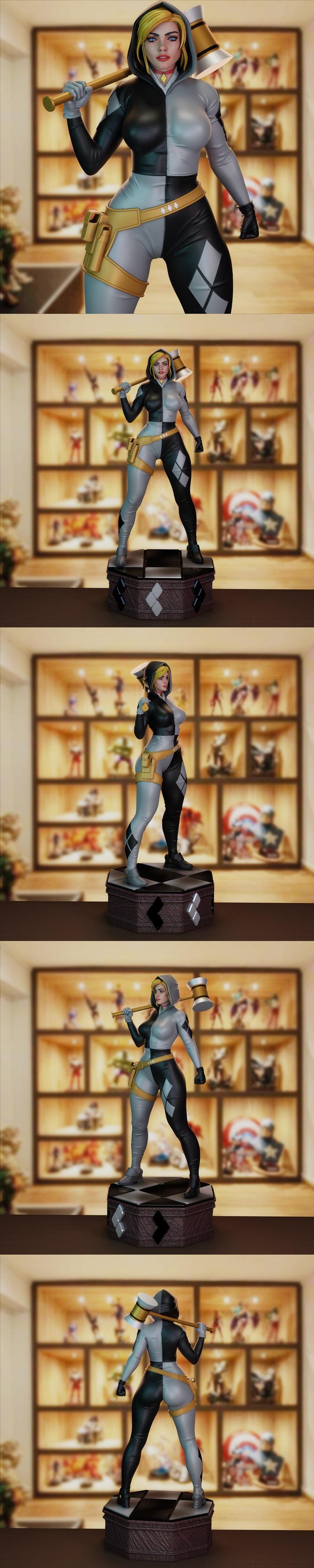 Harley Quinn figure in a black and grey hooded outfit, holding a large mallet. Detailed 3D model by BrunoArt3D.