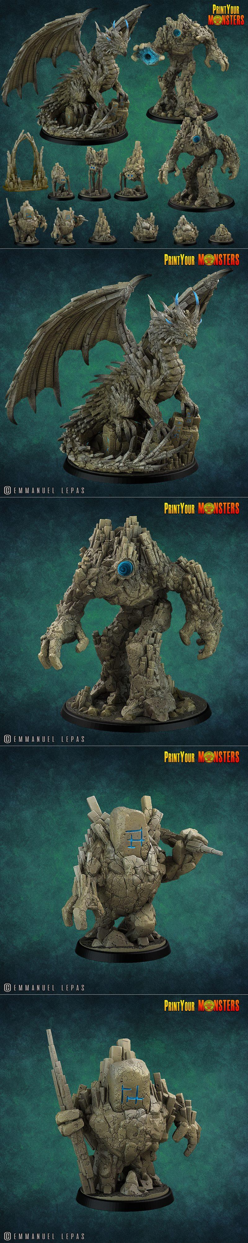 3D printable models of a stone dragon and rock golems. Includes terrain pieces like arches and rock clusters. From Pr...