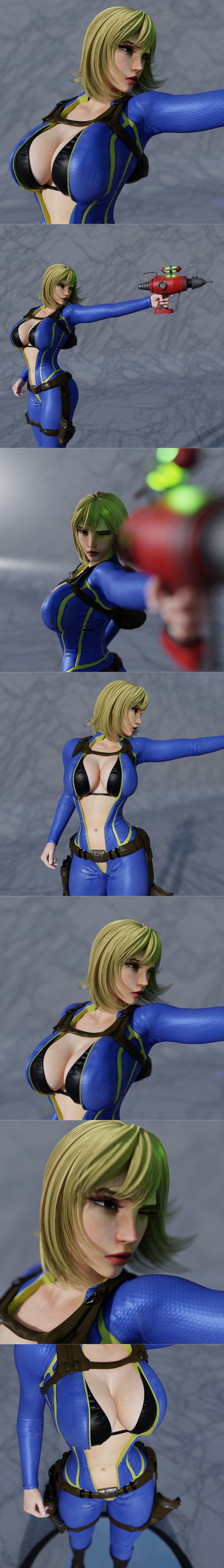 3D model of Tina Taffy in a blue Vault Dweller-style jumpsuit and bikini top, holding a red laser pistol. Sci-fi char...