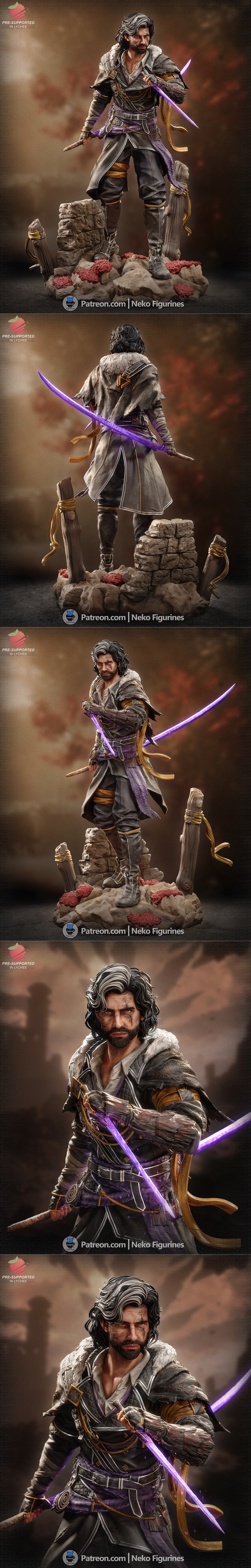 Male warrior Expedition 33 from Verso, holding two glowing purple swords, wearing fantasy armor and fur collar, stand...