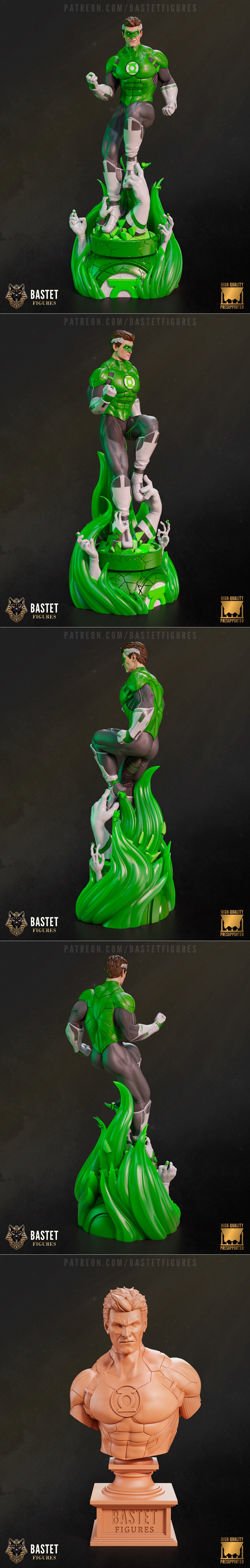 Green Lantern figure by Bastet Figures, wearing a green armored suit with white accents and a mask, holding a power r...