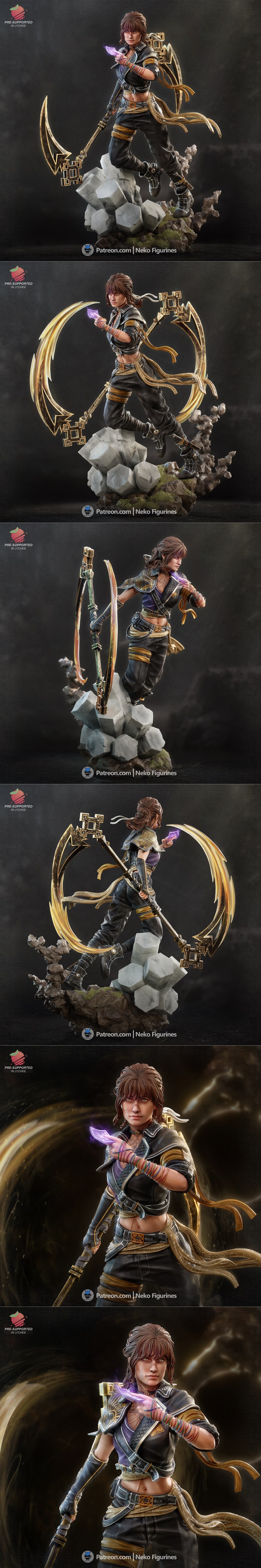 Female character Expedition 33 from Neko Figurines, holding a golden scythe and magic orb, standing on rocks.