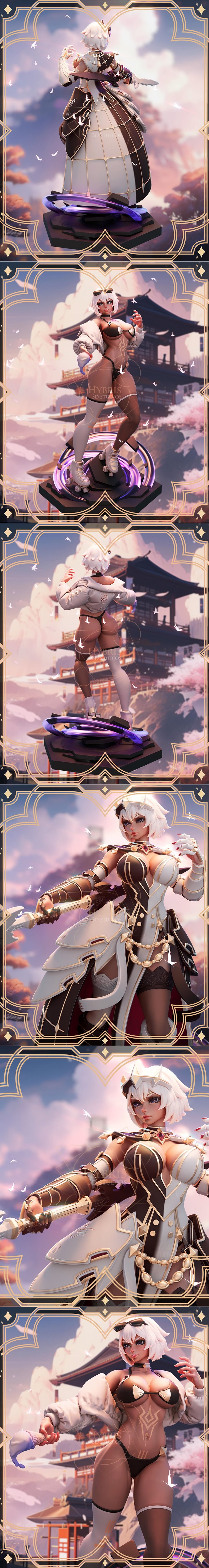 3D model of Ilynav from Epic Seven, a female warrior with white hair and a crown, wearing ornate black and white armo...