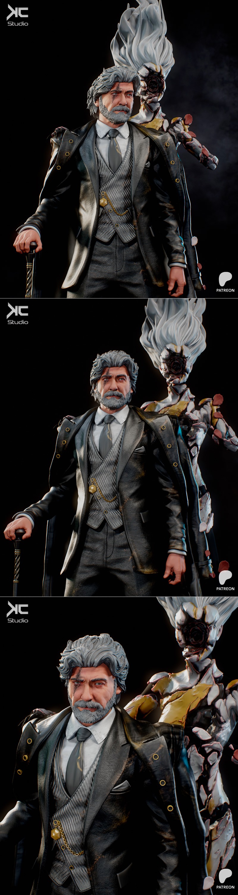KCStudio diorama figure of a man in a suit with a cane, standing beside a spectral female figure with white hair, on...