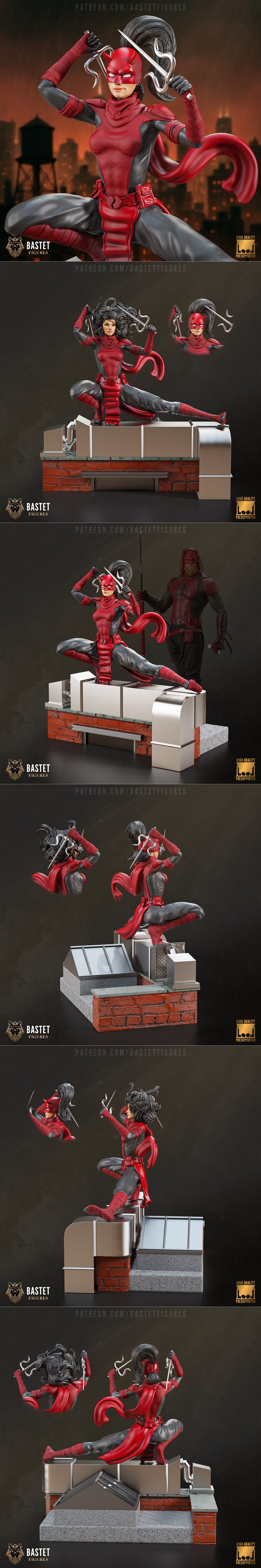 Elektra Natchios 3D model in red and black ninja suit, holding sais, dynamic action pose, dark curly hair, city skyli...