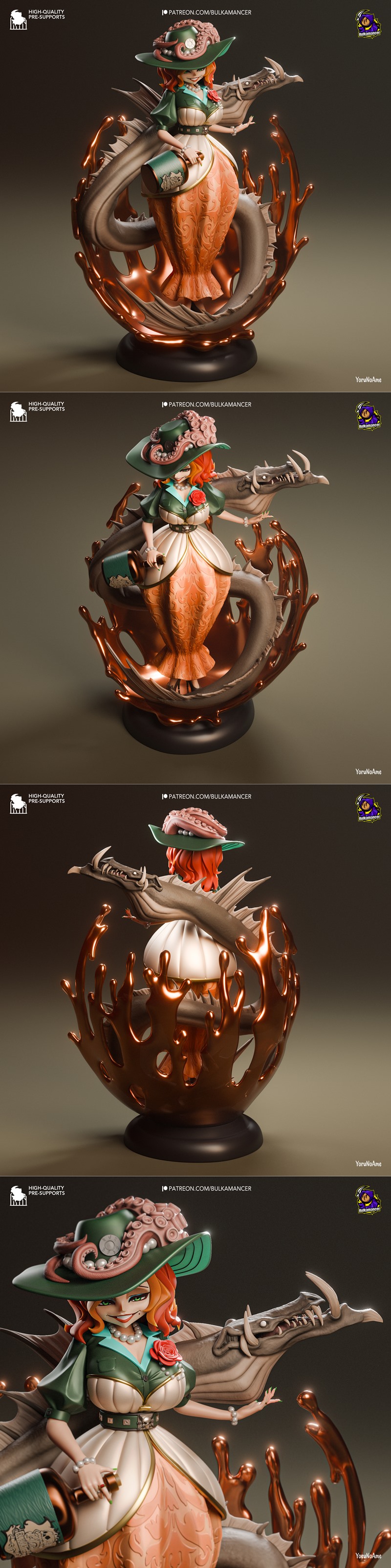 Stylized 3D model of Rum Baba, a fantasy figure with a mermaid tail, wearing a hat with an octopus and holding a clut...