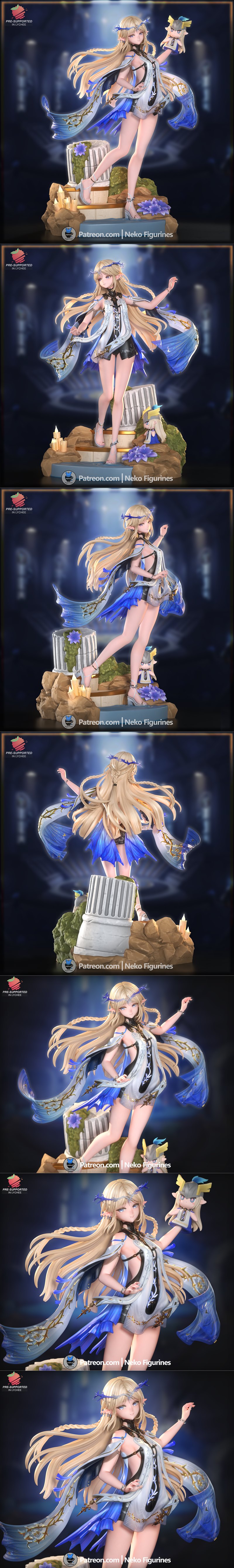 3D model figure of Cartethyia from Wuthering Waves, wearing a white and blue dress with gold trim, long blonde braide...