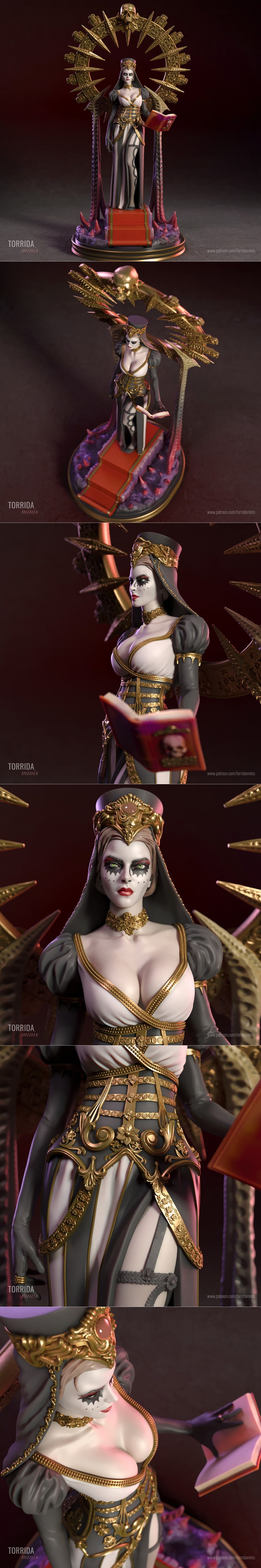 Gothic female figure 'The Messenger of Death' by Torrida Minis, holding an open book with a skull, wearing ornate gol...