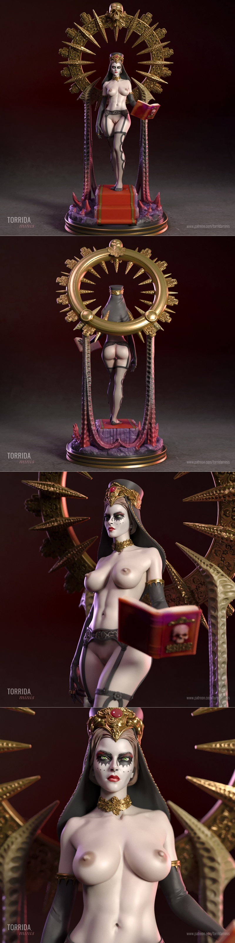 Gothic female figure 'The Messenger of Death' by Torrida Minis, holding an open book with a skull, wearing ornate gol...