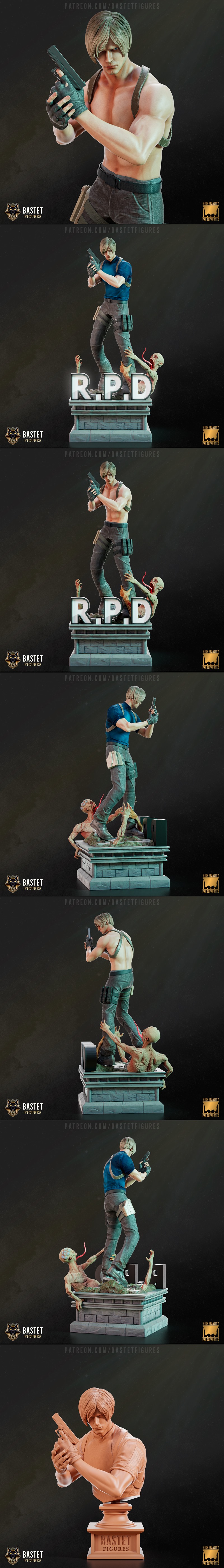 Leon S. Kennedy from Resident Evil, holding a handgun in an action pose. He wears a blue shirt, tactical vest, and gr...
