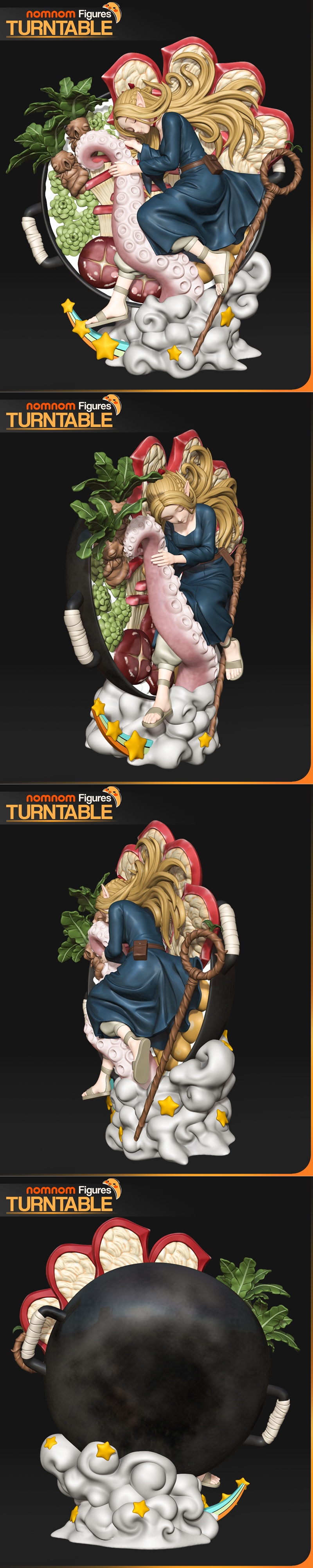 Marcille from Delicious in Dungeon sleeping on a bed of food, including a large tentacle, with clouds and stars on th...