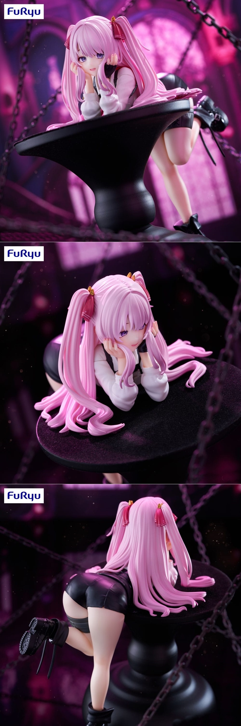 3D model figure of Noodle from Nikke, with pink twin-tail hair, resting on a pedestal in a gothic setting.