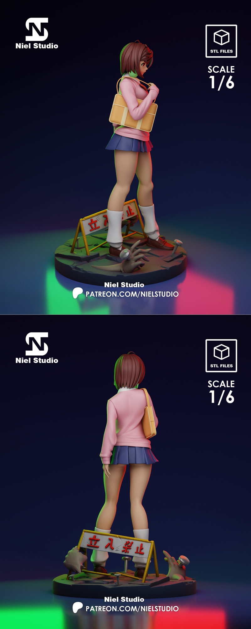 Ayase Momo 1:6 scale 3D model figure by Niel Studio, wearing a pink sweater, blue skirt, and white socks, holding a y...