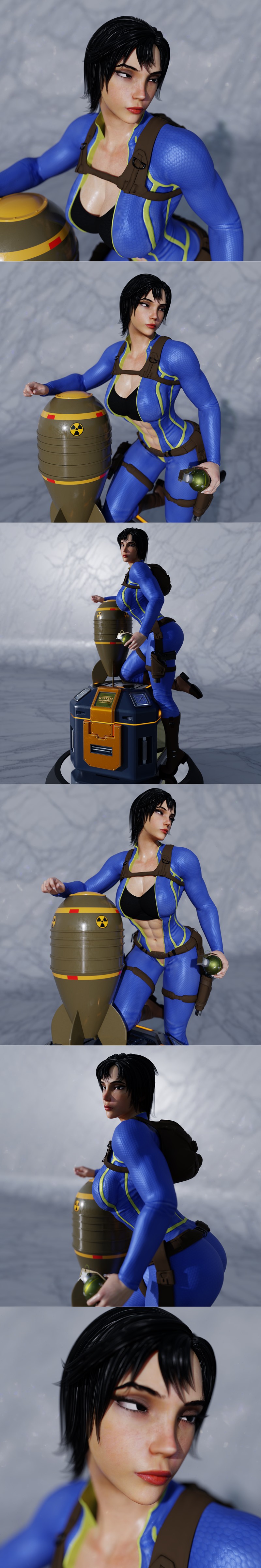 Gamma Gal 3D model figure in a blue sci-fi suit, kneeling with a bomb and grenade, on a futuristic container base.